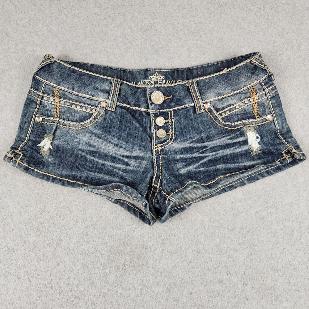 Almost Famous Jean Shorts Women 9 Blue Denim Whiskered Cotton Stretch Button Fly